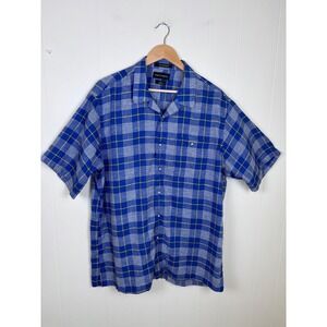 Paul Fredrick Classic Fit Linen Camp Shirt Plaid Short‎ Sleeve Button Up Blue XL